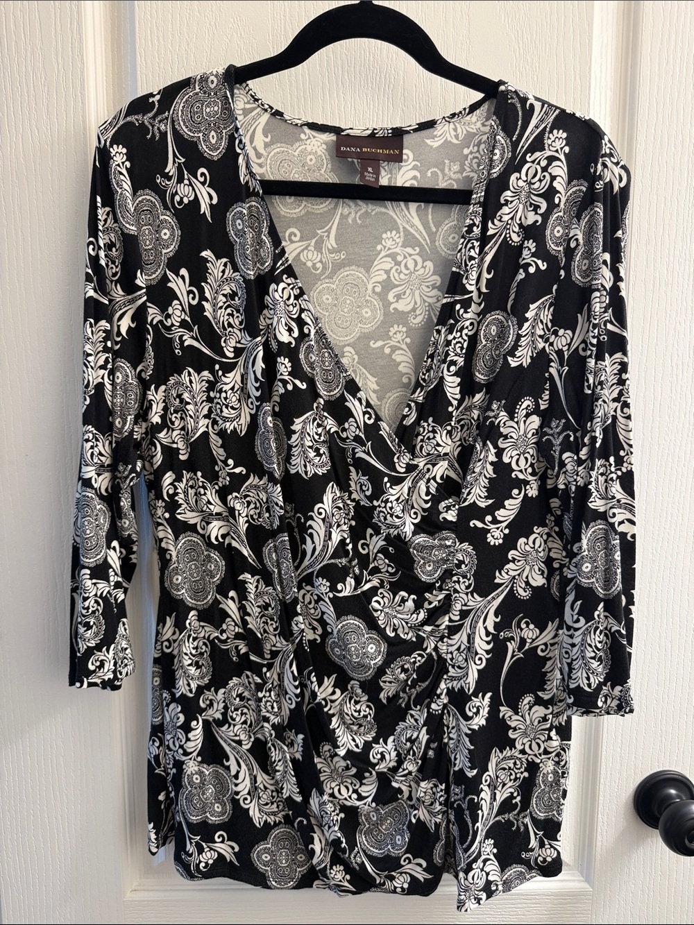 Dana Buchman Black & White Paisley Floral Faux-Wrap Top